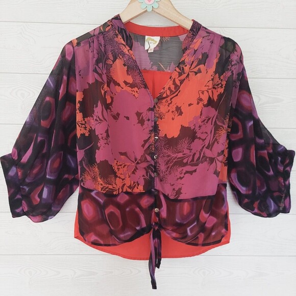 Fig & Flower Womens Shirt M Magenta Red Colorful Tie Front Button Up Sheer - Picture 1 of 7